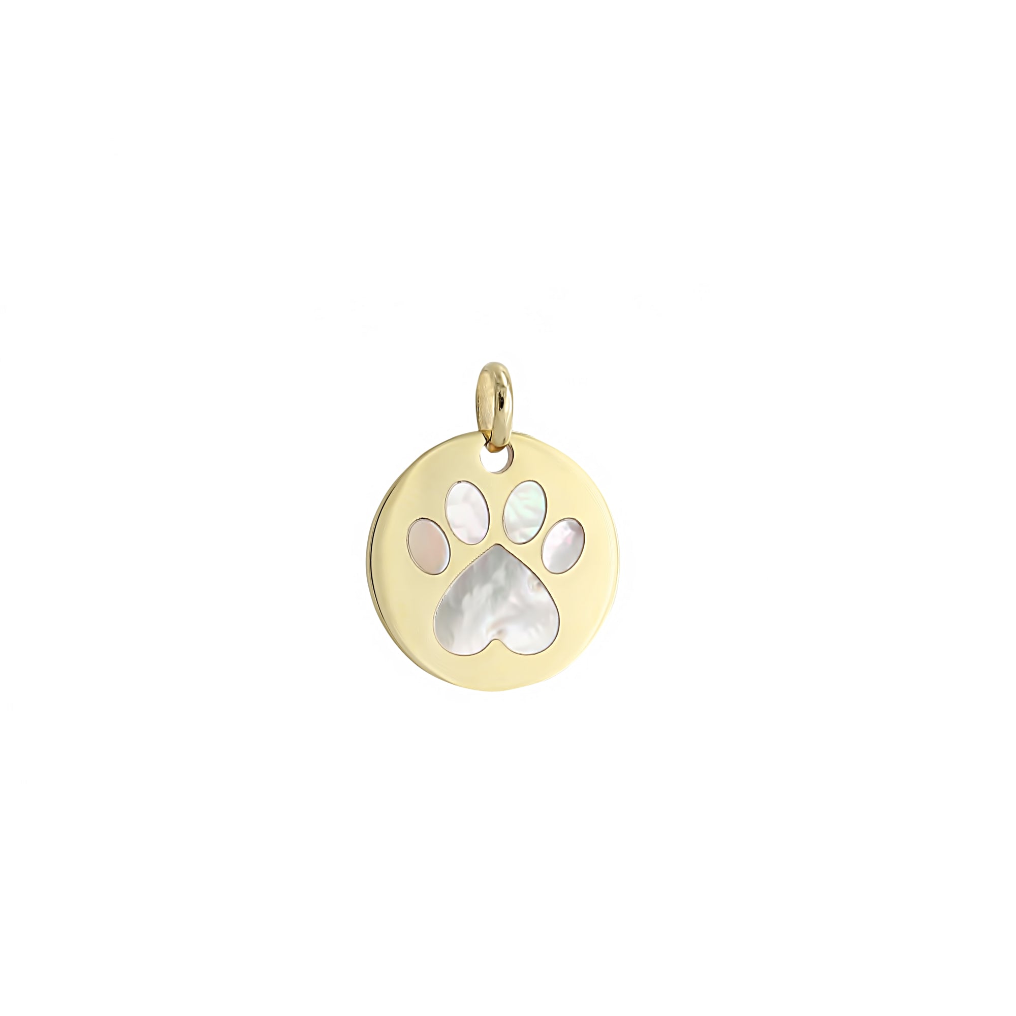 Our Cause for Paws 14k Yellow Gold Round Disc Mother of Pearl Inlay Paw Charm